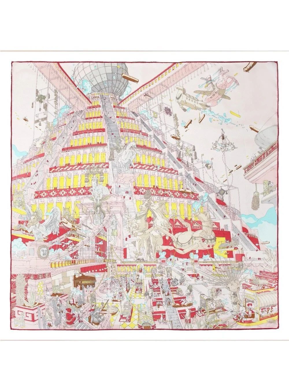 Silk-Inspired Red & Cream Illustrated Square Scarf 024